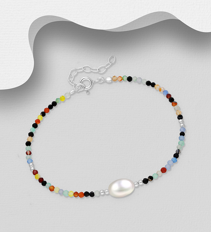 Wholesale 925 Sterling Silver Bracelet, Beaded with Freshwater Pearl, Black Obsidian and Multi Quartz - SKU #382-6536