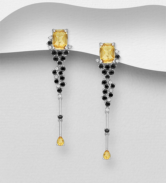 La Preciada - Wholesale 925 Sterling Silver Omega Lock Earrings, Decorated with Citrine and Black Spinel - SKU #1181-5031