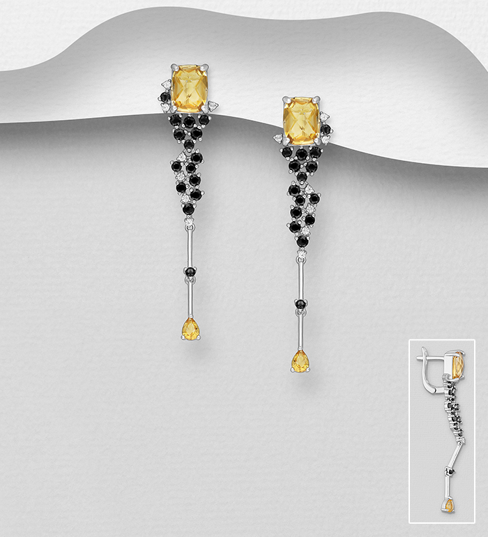 La Preciada - Wholesale 925 Sterling Silver Omega Lock Earrings, Decorated with Citrine and Black Spinel - SKU #1181-5031