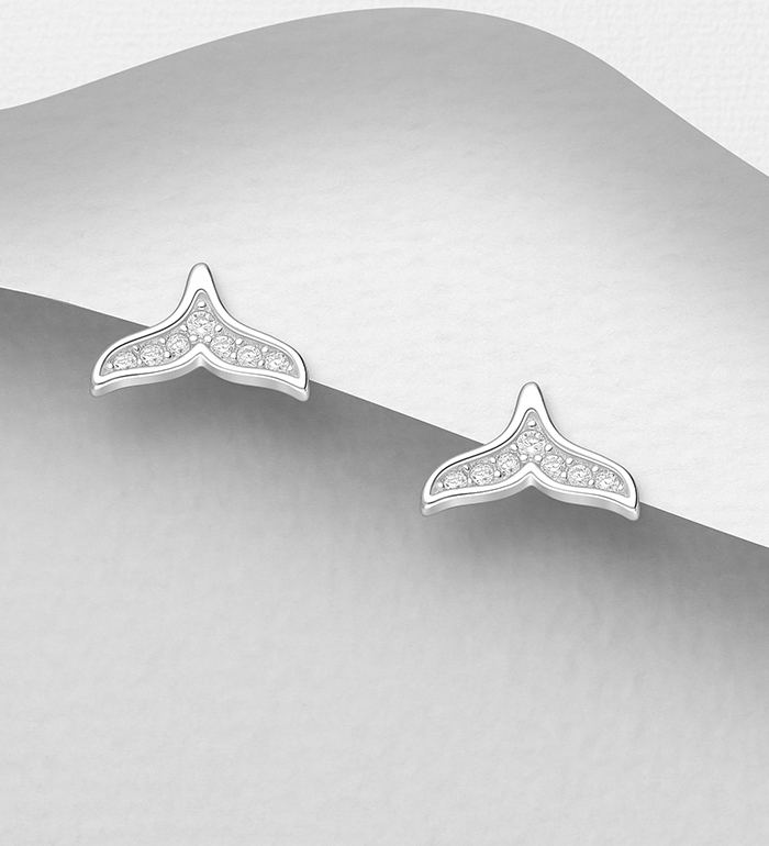 Wholesale 925 Sterling Silver Whale Tail Push-Back Earrings, Decorated with CZ Simulated Diamonds - SKU #701-29906