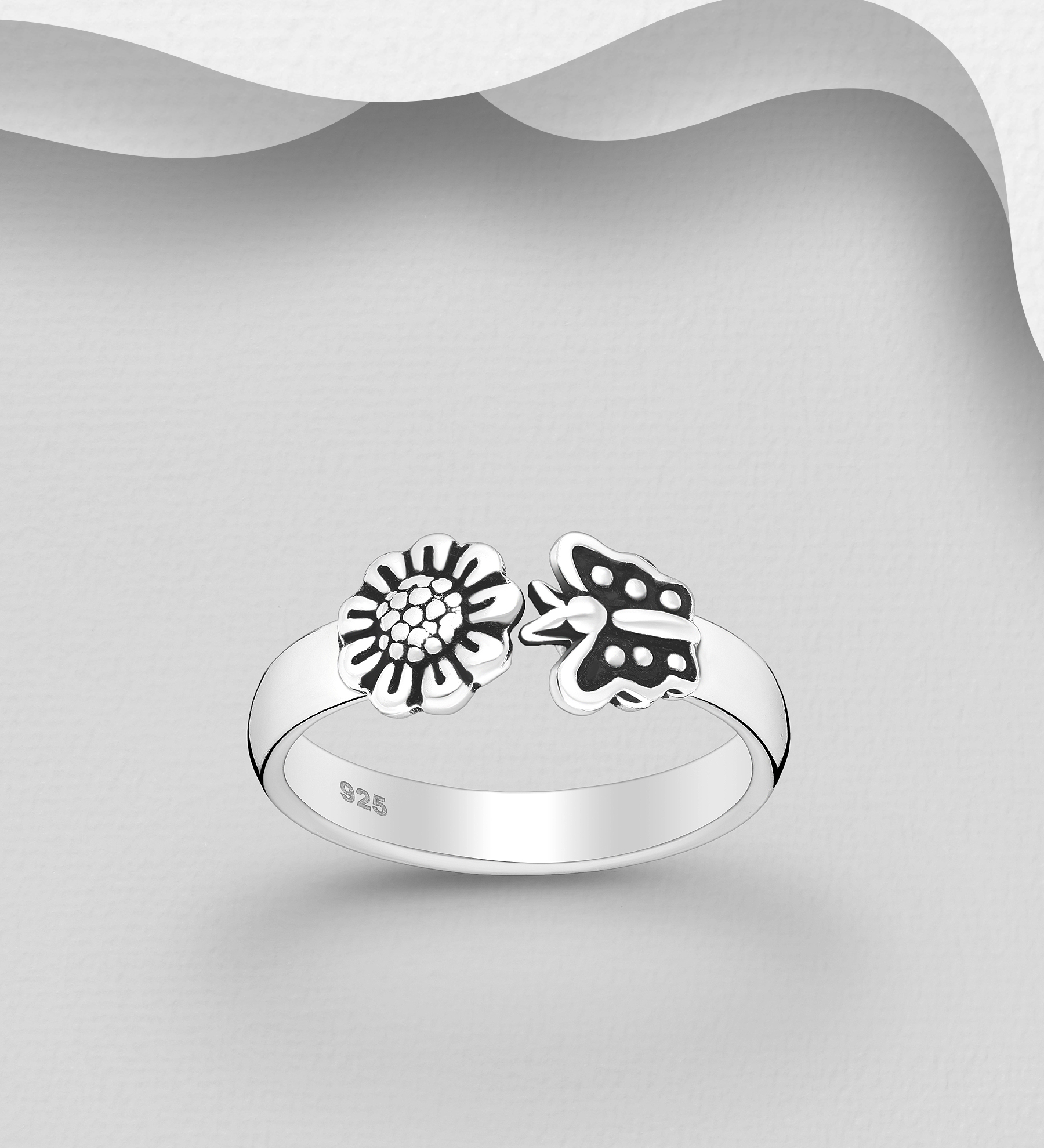 Wholesale 925 Sterling Silver Oxidized Butterfly and Flower Toe Ring - SKU #792-1322