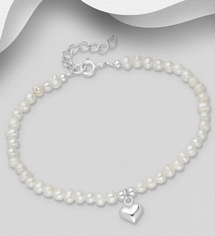 Wholesale 925 Sterling Silver Bracelet with Heart Charm, Beaded with Freshwater Pearls - SKU #382-6546