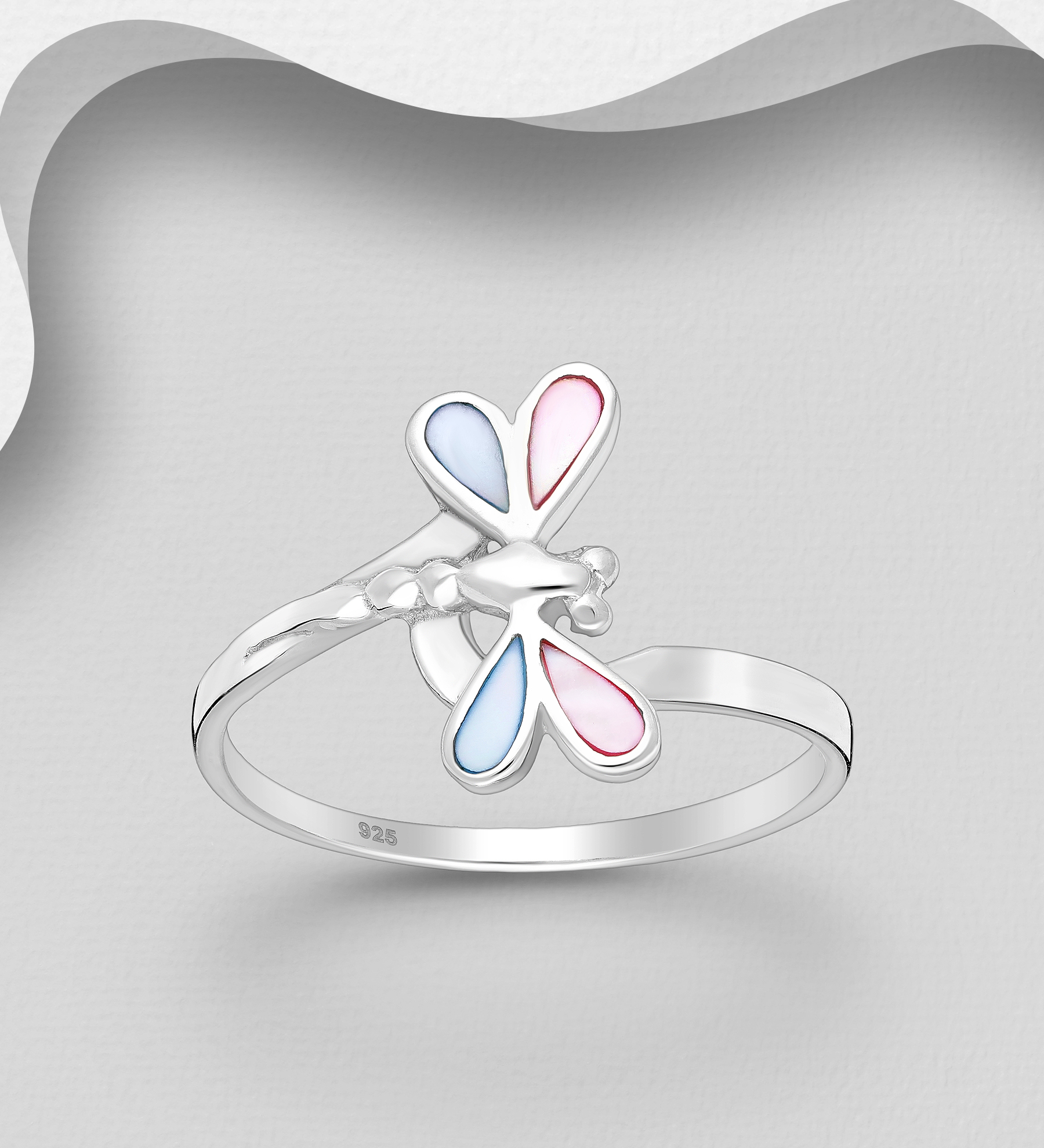 Wholesale 925 Sterling Silver Dragonfly Ring, Decorated with Shell - SKU #789-4694