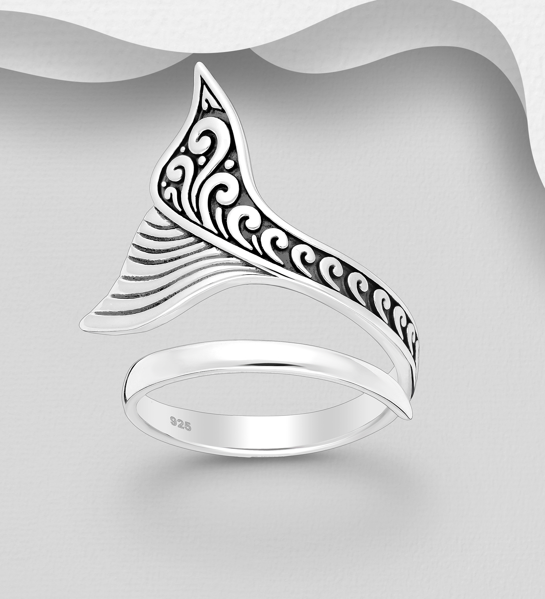 Wholesale 925 Sterling Silver Oxidized Swirl Whale Tail Adjustable Ring - SKU #706-38505