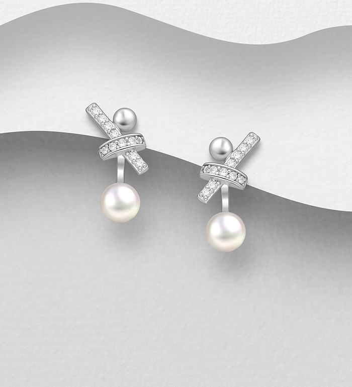 Wholesale 925 Sterling Silver Ribbon Push-Back Earrings, Decorated with Freshwater Pearls and CZ Simulated Diamonds - SKU #382-6552