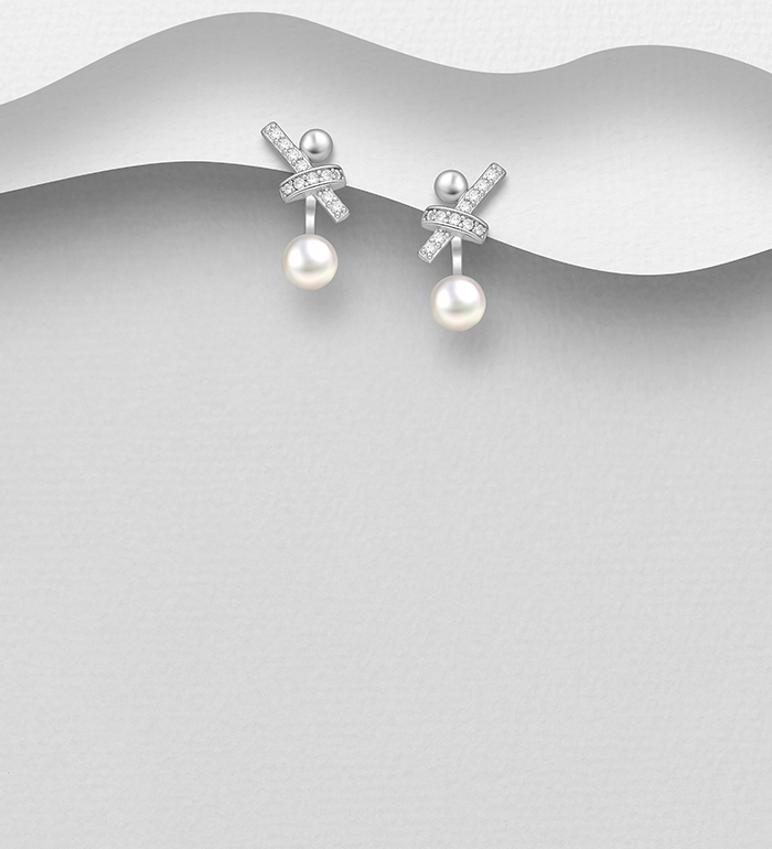 Wholesale 925 Sterling Silver Ribbon Push-Back Earrings, Decorated with Freshwater Pearls and CZ Simulated Diamonds - SKU #382-6552