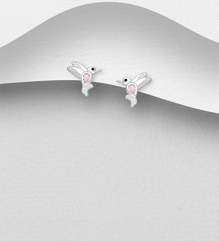 Wholesale 925 Sterling Silver Bird Push-Back Earrings, Decorated with CZ Simulated Diamonds and Colored Enamel - SKU #701-29959