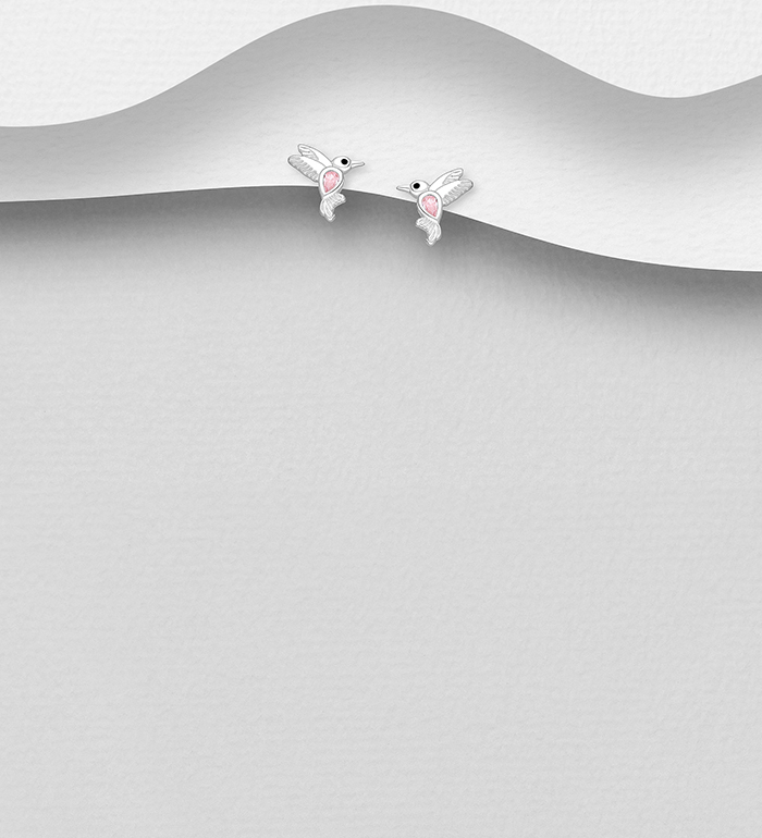 Wholesale 925 Sterling Silver Bird Push-Back Earrings, Decorated with CZ Simulated Diamonds and Colored Enamel - SKU #701-29959