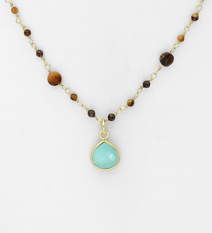 Wholesale 925 Sterling Silver Necklaces, Beaded with Aqua Chalcedony and Tiger Eye, Plated with 0.5 Micron 9K Yellow Gold - SKU #1063-4648A