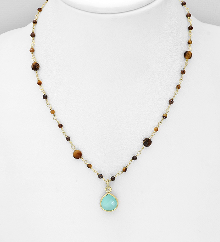 Wholesale 925 Sterling Silver Necklaces, Beaded with Aqua Chalcedony and Tiger Eye, Plated with 0.5 Micron 9K Yellow Gold - SKU #1063-4648A