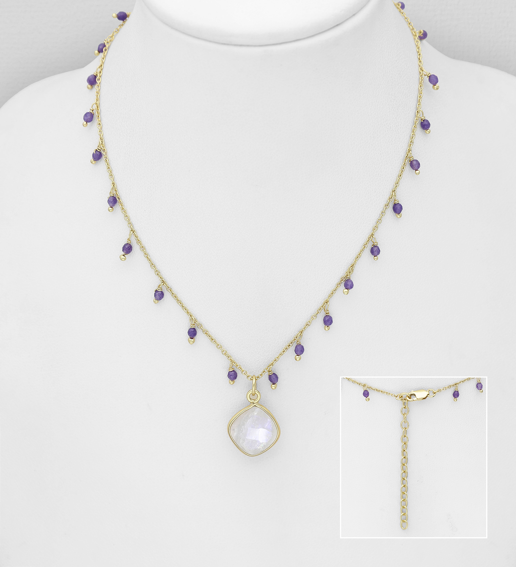 Wholesale 925 Sterling Silver Necklaces, Beaded with Rainbow Moonstone and Amethyst, Plated with 0.5 Micron 9K Yellow Gold - SKU #1063-4651A