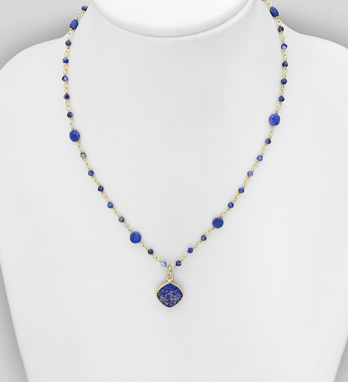 Wholesale 925 Sterling Silver Necklaces, Beaded with Blue Sapphire and Lapis Lazuli, Plated with 0.5 Micron 9K Yellow Gold - SKU #1063-4646A