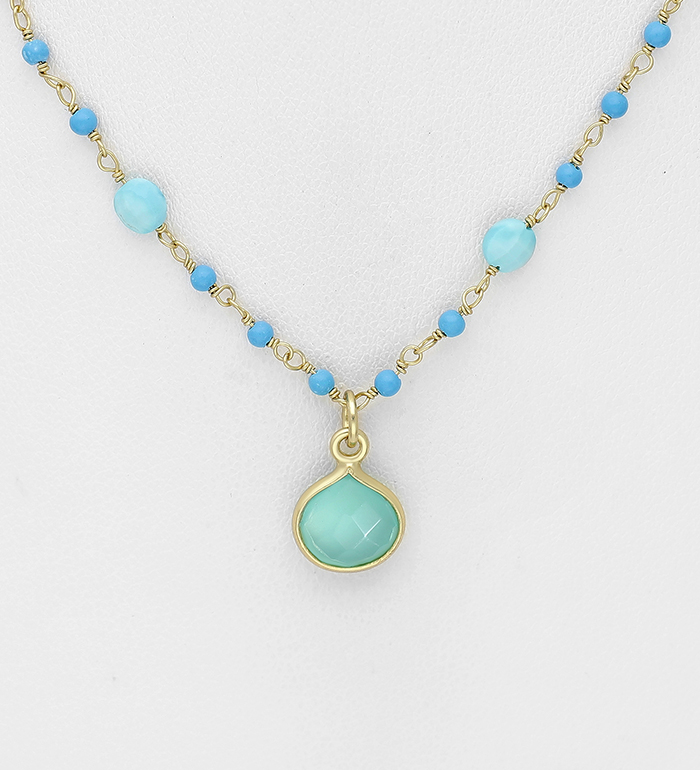 Wholesale 925 Sterling Silver Necklaces, Beaded with Aqua Chalcedony and Turquoise, Plate with 0.5 Micron 9K Yellow Gold
 - SKU #1063-4644A
