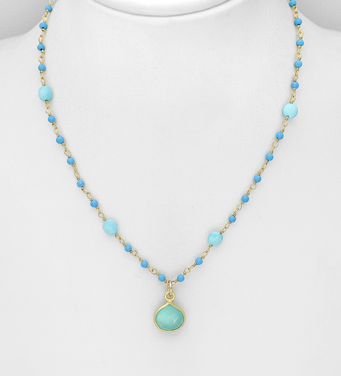 Wholesale 925 Sterling Silver Necklaces, Beaded with Aqua Chalcedony and Turquoise, Plate with 0.5 Micron 9K Yellow Gold
 - SKU #1063-4644A