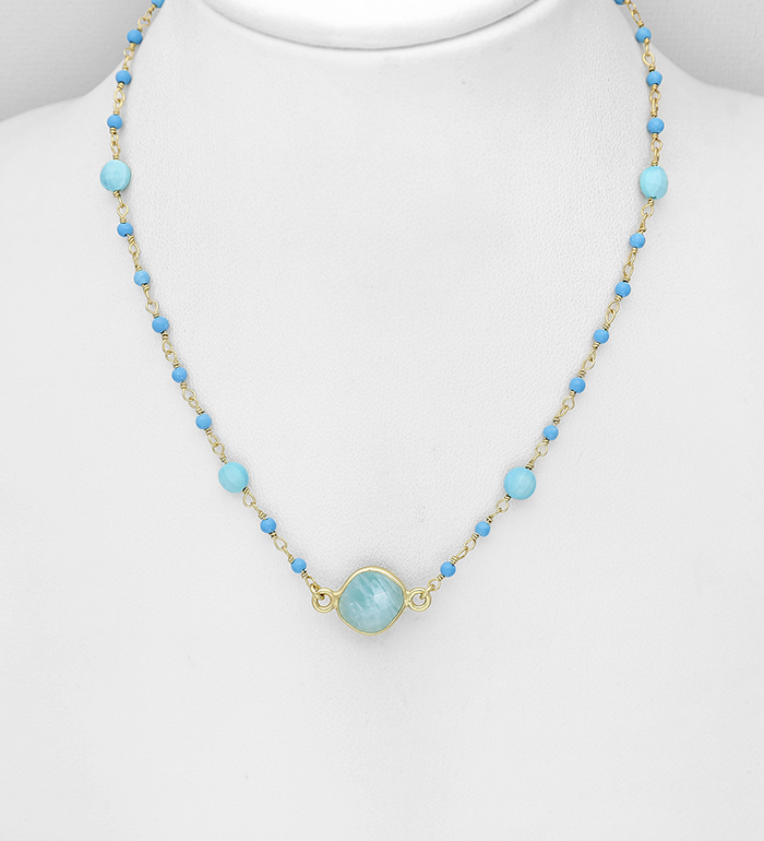 Wholesale 925 Sterling Silver Necklaces, Beaded with Amazonite and Turquoise, Plated with 0.5 Micron 9K Yellow Gold - SKU #1063-4643A
