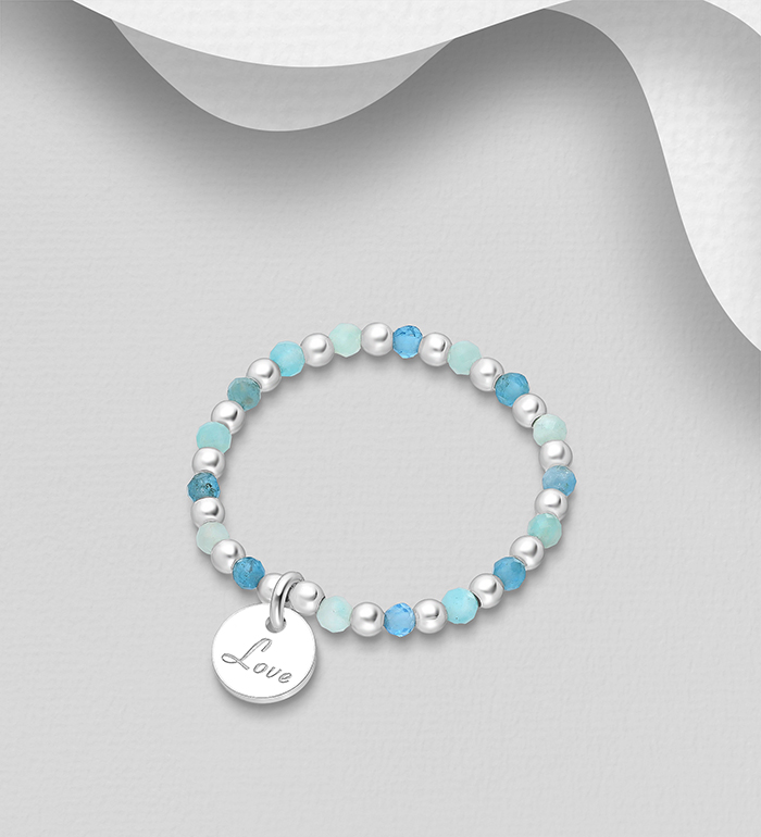 Wholesale 925 Sterling Silver Ball Elastic Ring, with Love Charm, Beaded with Amazonite and Blue Apatite - SKU #781-7940