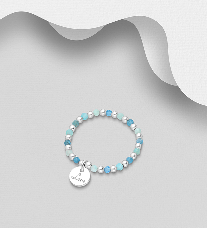 Wholesale 925 Sterling Silver Ball Elastic Ring, with Love Charm, Beaded with Amazonite and Blue Apatite - SKU #781-7940