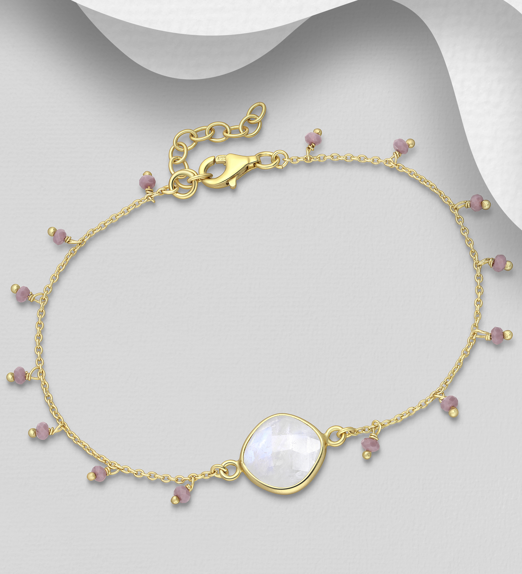 Wholesale 925 Sterling Silver Bracelets, Beaded with Rainbow Moonstone and Purple Chalcedony, and Plated with 0.5 Micron 9K Yellow Gold & E-Coat - SKU #1063-4637A
