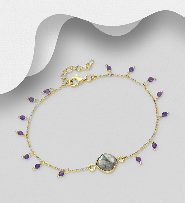 Wholesale 925 Sterling Silver Bracelet, Decorated with Labradorite and Amethyst, Plated with 0.5 Micron 9K Yellow Gold - SKU #1063-4636A