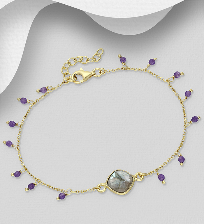 Wholesale 925 Sterling Silver Bracelet, Decorated with Labradorite and Amethyst, Plated with 0.5 Micron 9K Yellow Gold - SKU #1063-4636A