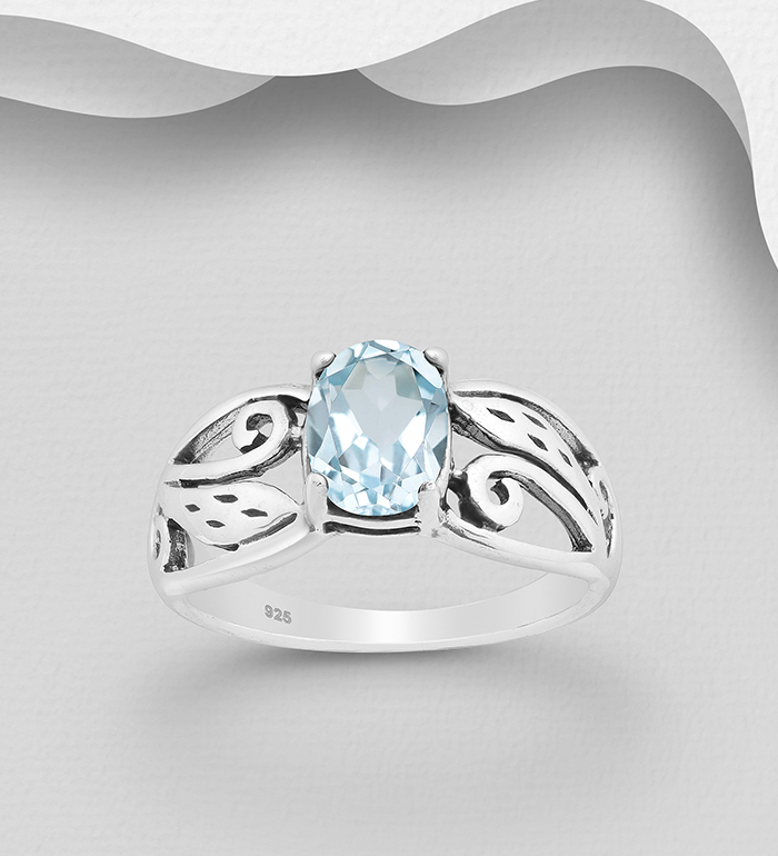 Wholesale 925 Sterling Silver Oxidized Leaf Ring, Decorated with Sky Blue Topaz - SKU #883-4572B