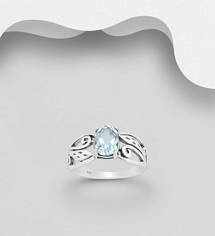 Wholesale 925 Sterling Silver Oxidized Leaf Ring, Decorated with Sky Blue Topaz - SKU #883-4572B