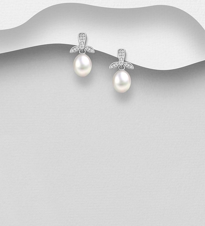 Wholesale 925 Sterling Silver Push-Back Earrings, Decorated with CZ Simulated Diamond & Freshwater Pearls - SKU #382-6557