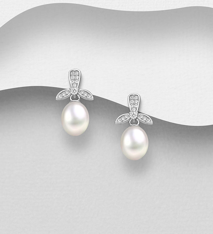 Wholesale 925 Sterling Silver Push-Back Earrings, Decorated with CZ Simulated Diamond & Freshwater Pearls - SKU #382-6557