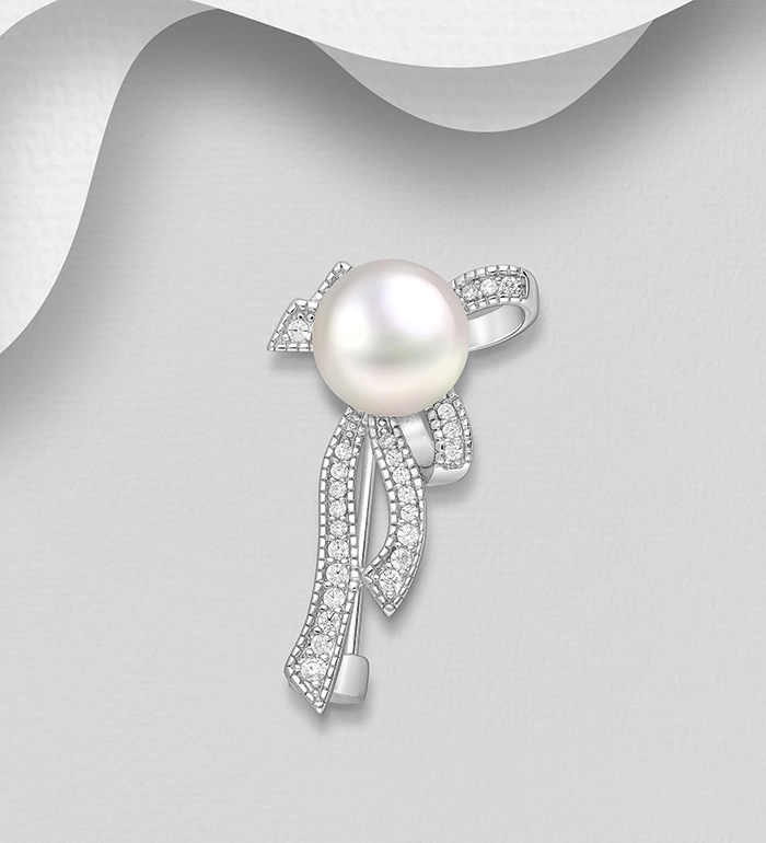 Wholesale 925 Sterling Silver Ribbon Brooch, Decorated with Freshwater Pearl and CZ Simulated Diamonds - SKU #382-6561