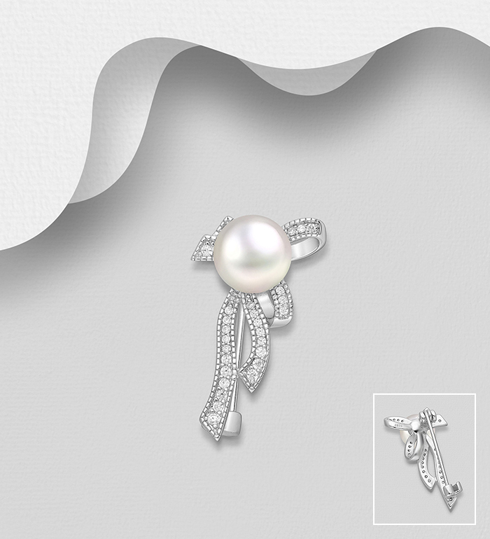 Wholesale 925 Sterling Silver Ribbon Brooch, Decorated with Freshwater Pearl and CZ Simulated Diamonds - SKU #382-6561