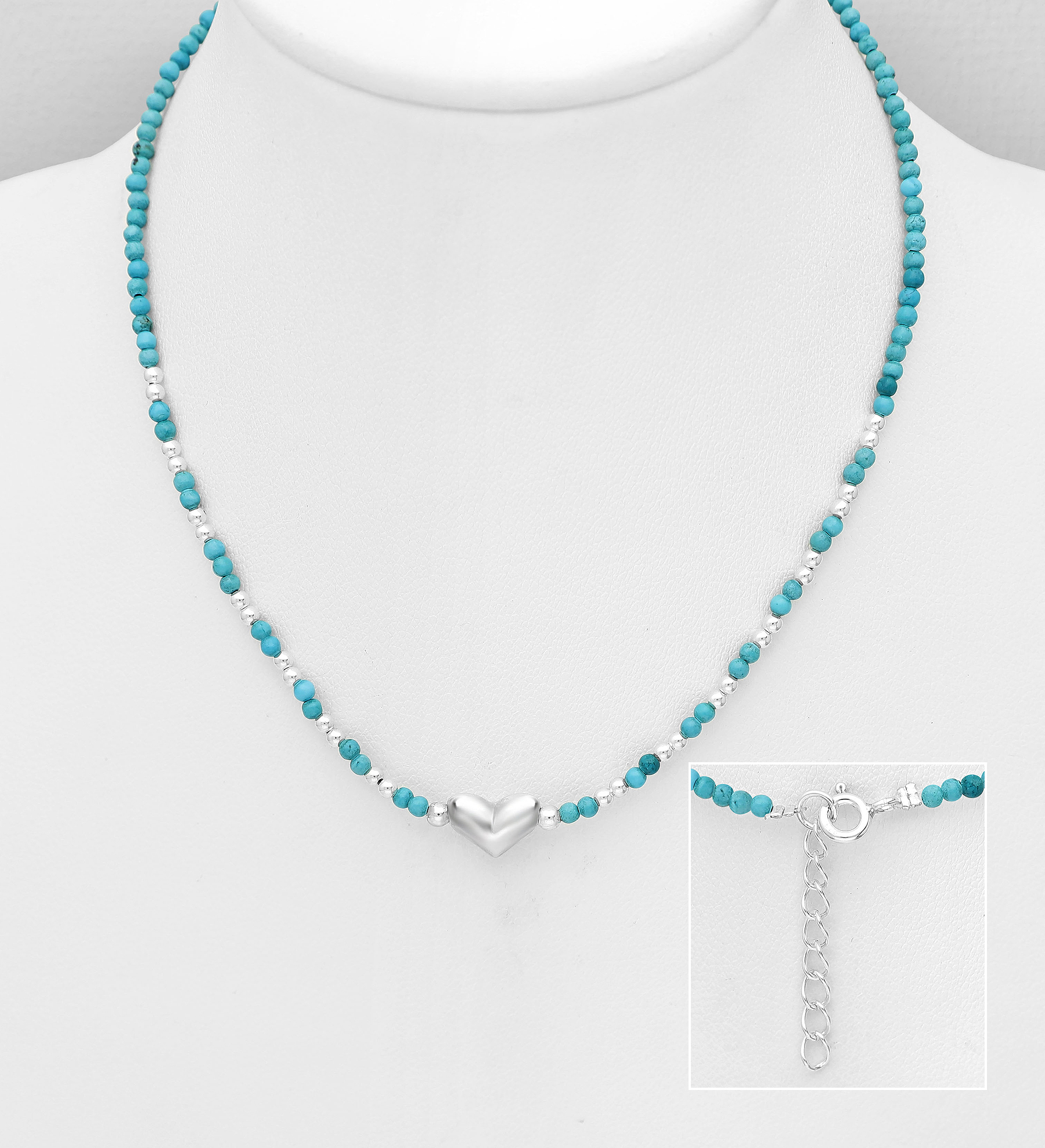 Wholesale 925 Sterling Silver Ball and Heart Necklace, Beaded with Reconstructed Light Green Turquoise - SKU #781-7393A