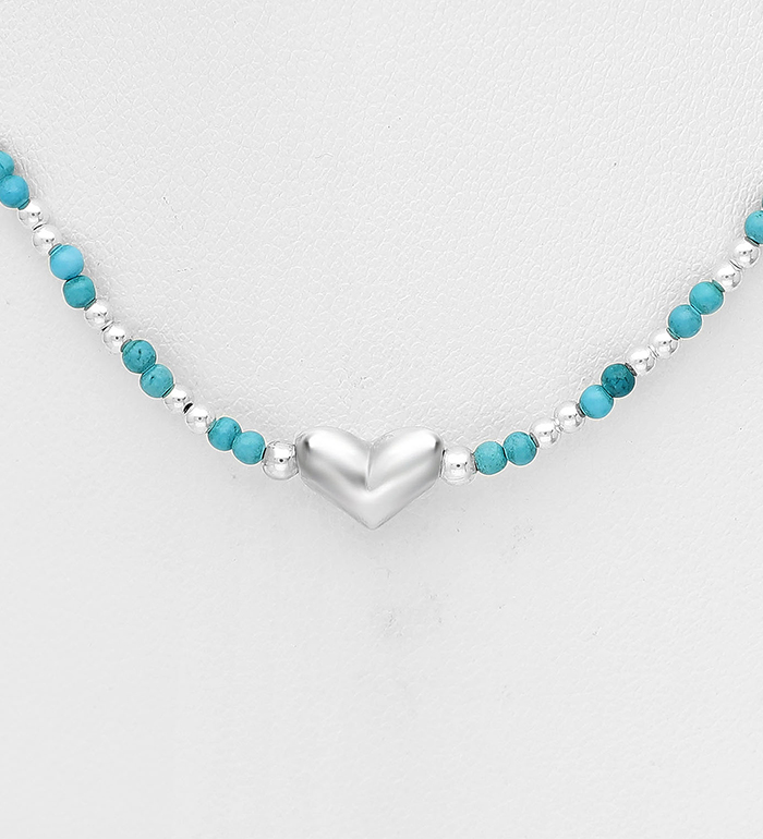 Wholesale 925 Sterling Silver Ball and Heart Necklace, Beaded with Reconstructed Light Green Turquoise - SKU #781-7393A
