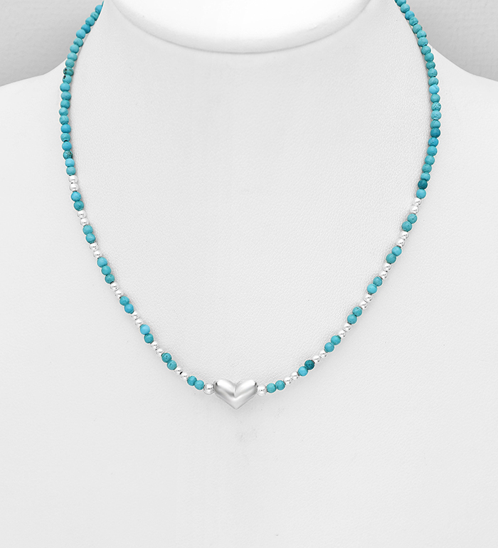 Wholesale 925 Sterling Silver Ball and Heart Necklace, Beaded with Reconstructed Light Green Turquoise - SKU #781-7393A