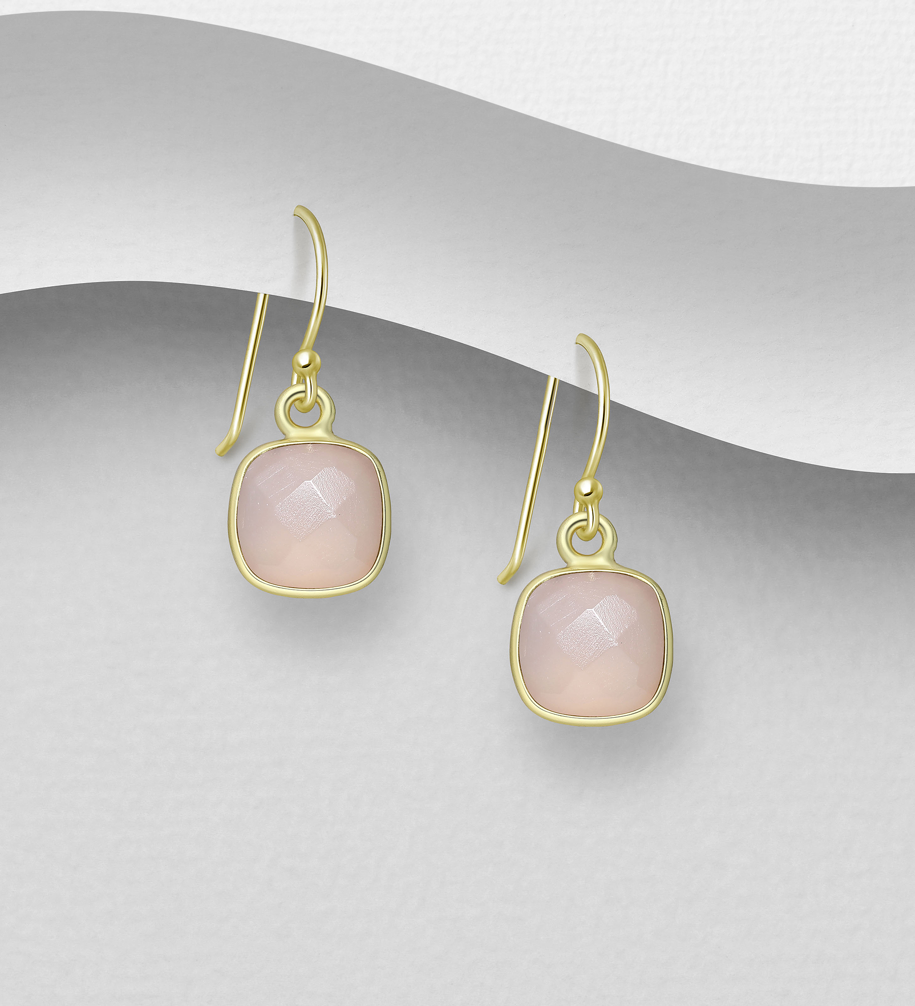 Wholesale 925 Sterling Silver Hook Earrings, Decorated with Rose Quartz, and Plated with 0.5 Micron 9K Yellow Gold - SKU #1063-4768A