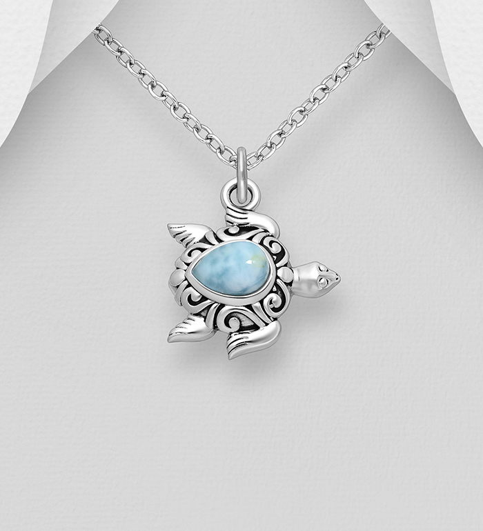 Wholesale 925 Sterling Silver Oxidized Swirl Turtle Pendant, Decorated with Larimar - SKU #883-9499