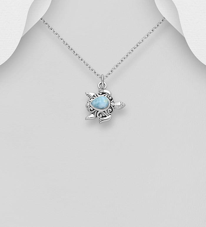 Wholesale 925 Sterling Silver Oxidized Swirl Turtle Pendant, Decorated with Larimar - SKU #883-9499