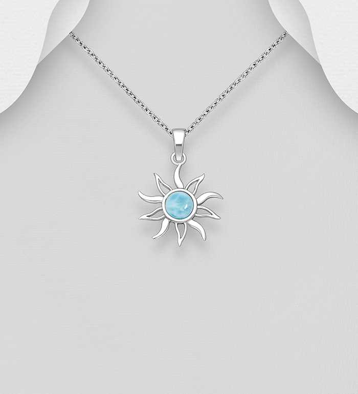 Wholesale 925 Sterling Silver Sun Pendant, Decorated with Larimar - SKU #883-9513