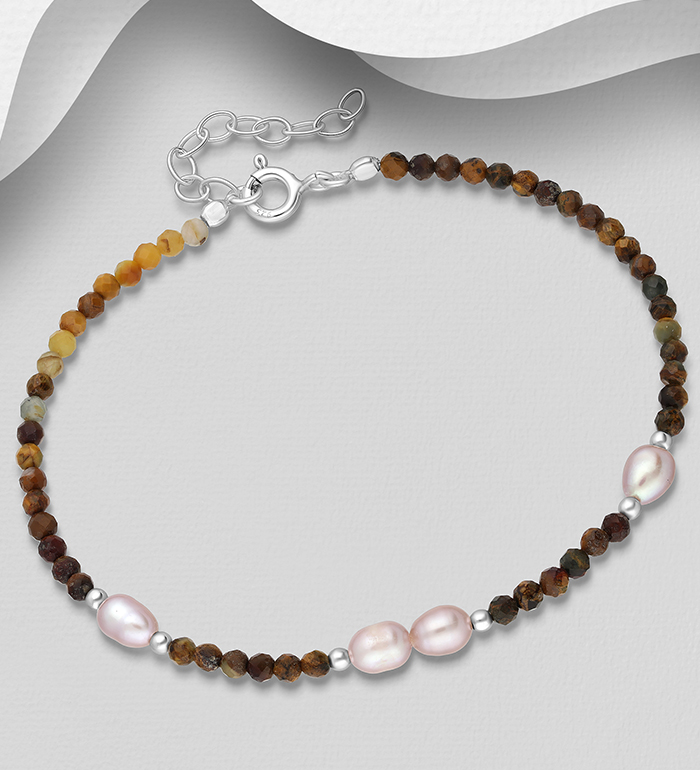 Wholesale 925 Sterling Silver Bracelet, Beaded with Freshwater Pearls and Tiger Eye - SKU #883-9526