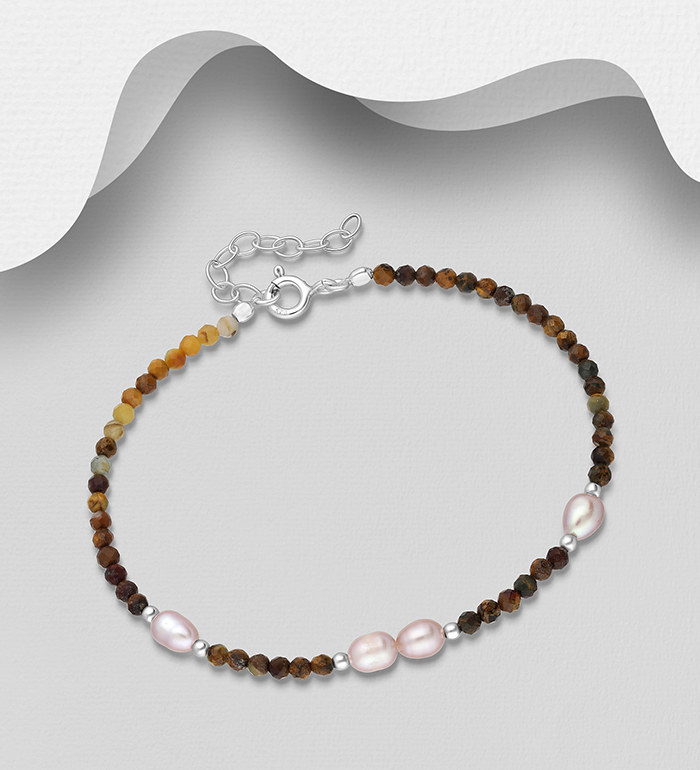 Wholesale 925 Sterling Silver Bracelet, Beaded with Freshwater Pearls and Tiger Eye - SKU #883-9526