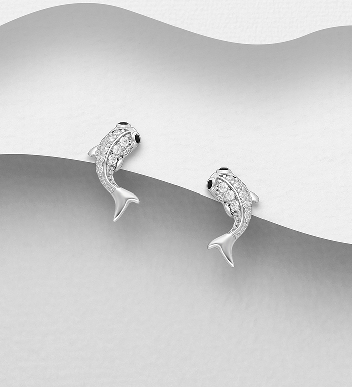 Wholesale 925 Sterling Silver Fish Push-Back Earrings, Decorated with CZ Simulated Diamonds - SKU #701-30049