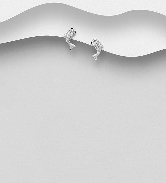 Wholesale 925 Sterling Silver Fish Push-Back Earrings, Decorated with CZ Simulated Diamonds - SKU #701-30049