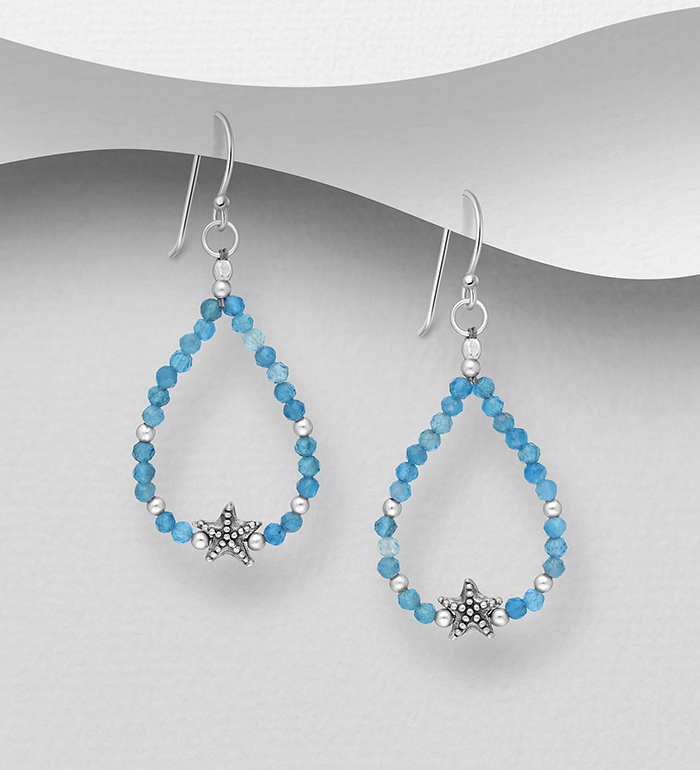 Wholesale 925 Sterling Silver Oxidized Starfish Earrings, Beaded with Various Gemstone Beads - SKU #883-9528