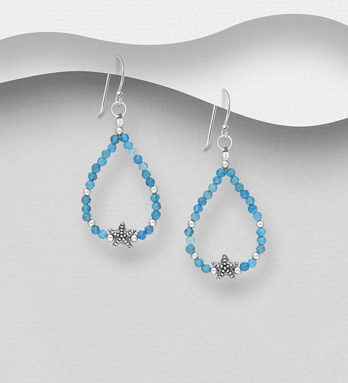 Wholesale 925 Sterling Silver Oxidized Starfish Earrings, Beaded with Various Gemstone Beads - SKU #883-9528