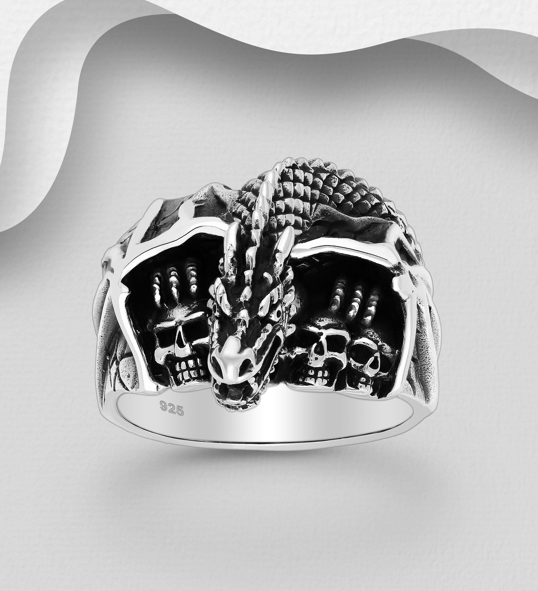 Wholesale 925 Sterling Silver Oxidized Dragon and Skull Ring - SKU #1563-1509