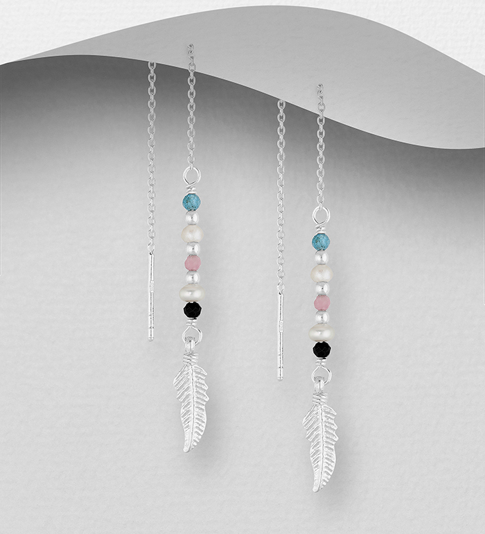 Wholesale 925 Sterling Silver Feather Threader Earrings, Beaded with Blue Apatite, Freshwater Pearls, Pink Tourmaline and Black Spinel - SKU #382-6593