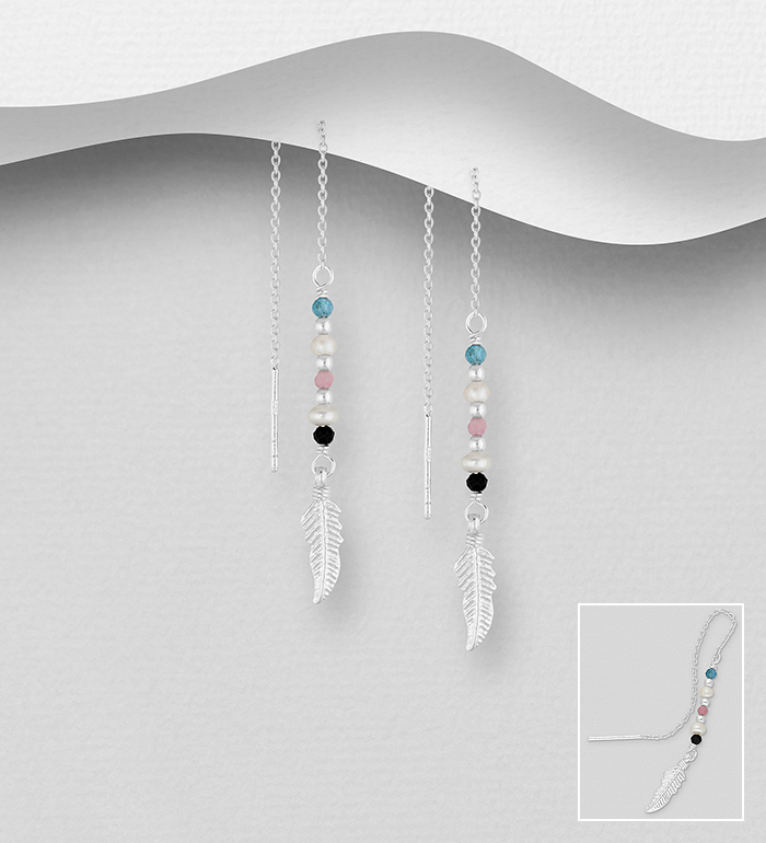 Wholesale 925 Sterling Silver Feather Threader Earrings, Beaded with Blue Apatite, Freshwater Pearls, Pink Tourmaline and Black Spinel - SKU #382-6593