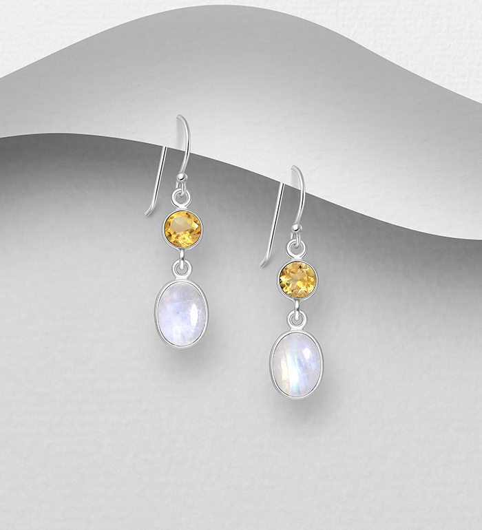 Wholesale 925 Sterling Silver Hook Earrings, Decorated with Citrine and Rainbow Moonstone - SKU #883-9609