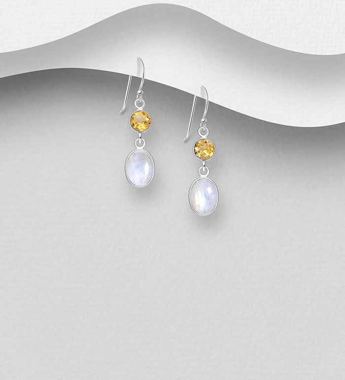 Wholesale 925 Sterling Silver Hook Earrings, Decorated with Citrine and Rainbow Moonstone - SKU #883-9609