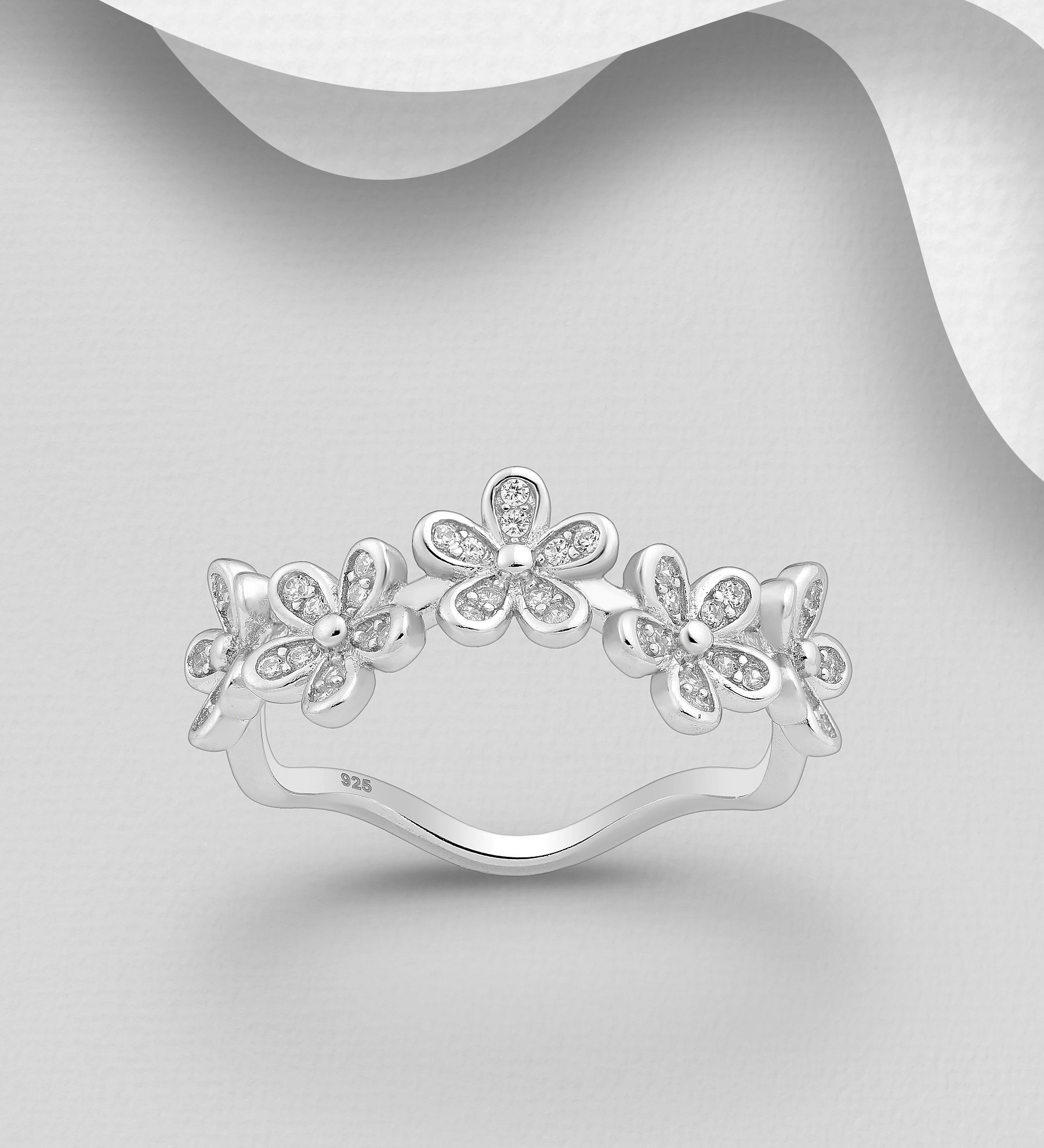 Wholesale 925 Sterling Silver Flower Ring, Decorated with CZ Simulated Diamonds - SKU #701-30189