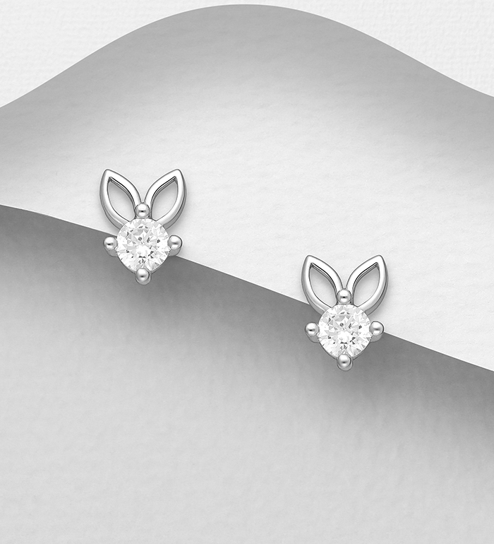 Wholesale 925 Sterling Silver Rabbit Push-Back Earrings, Decorated with CZ Simulated Diamonds - SKU #701-30196